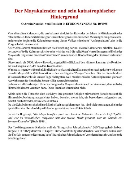 Der Mayakalender u. sein katastrophischer Hintergrund