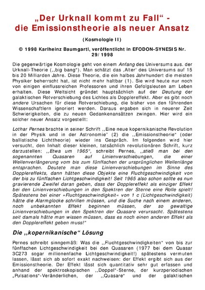 Kosmologie II: “Der Urknall kommt zu Fall” – die Emissionstheorie als neuer Ansatz