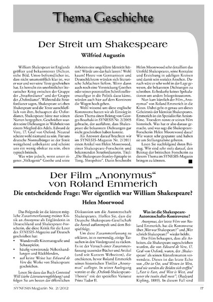 Der Film „Anonymus“ von Roland Emmerich – Die entscheidende Frage – Wer war eigentlich William Shakespeare?