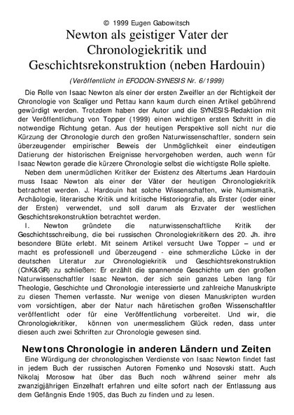 Newton als geistiger Vater der Chronologiekritik und Geschichtsrekonstruktion (neben Hardouin)