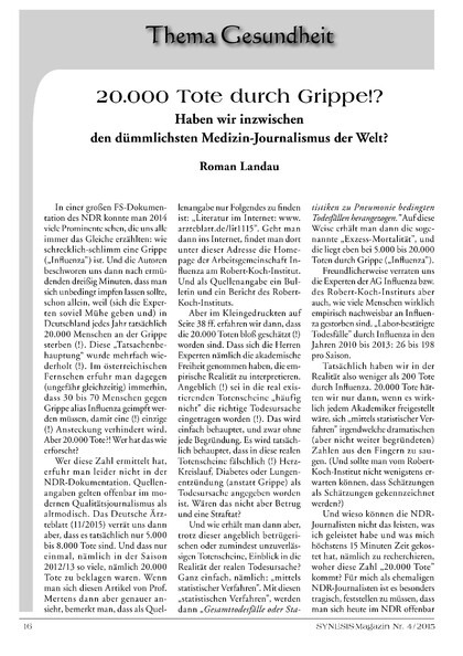 20.000 Tote durch Grippe!? Haben wir inzwischen den dümmlichsten Medizin-Journalismus der Welt?