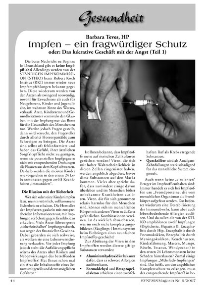 Impfen – ein fragwürdiger Schutz oder: Das lukrative Geschäft mit der Angst (Teil 1)