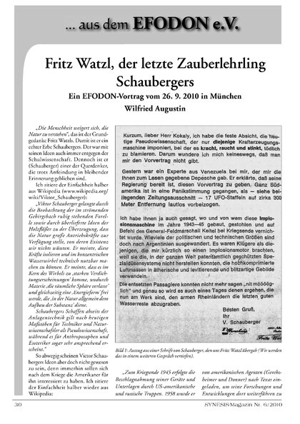 Fritz Watzl, der letzte Zauberlehrling Schaubergers – Ein EFODON-Vortrag vom 26. 9. 2010 in München