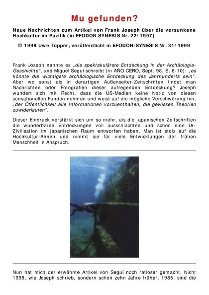Mu gefunden? Neue Nachrichten zum Artikel von Frank Joseph über die versunkene Hochkultur im Pazifik