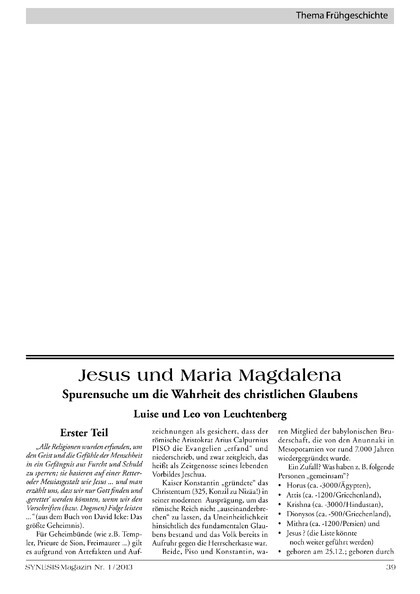 Jesus und Maria Magdalena – Spurensuche um die Wahrheit des christlichen Glaubens (Teil 1)