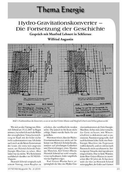 Hydro-Gravitationskonverter – Die Fortsetzung der Geschichte. Gespräch mit Manfred Lehnert in Schliersee