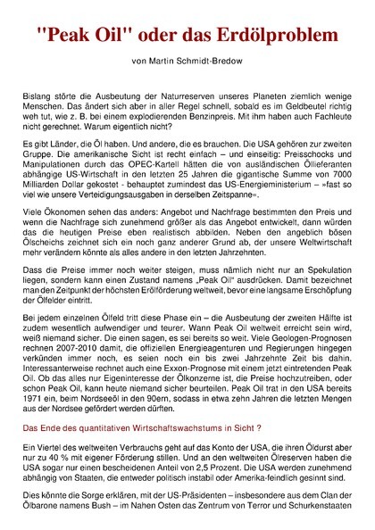 „Peak Oil“ oder das Erdölproblem